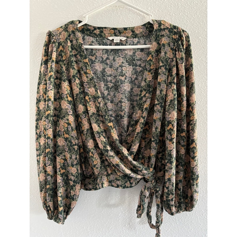 American Eagle Top Womens Large Green Cropped Tie Floral Boho‎ Prairie Festival